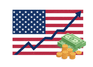 アメリカの国旗を背景に、株価の上昇を表した矢印